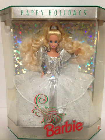 Image of 1992 Happy Holidays Barbie Doll Blonde Hair Silver Dress Mattel #1429 NRFB