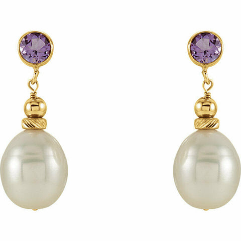 Image of Freshwater Pearl and Genuine Amethyst Dangle Earrings 14kt Yellow Gold