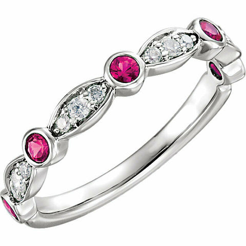 Image of July Birthstone - Ruby and 1/6 ctw Diamond Stackable Ring Size 7 14k White Gold