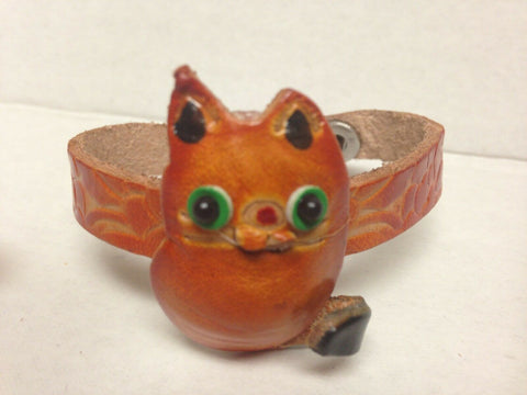 Image of Handmade Orange Cat Leather Bracelet Animal Collection with Snap Closure New