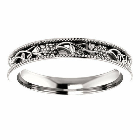 Image of SIZE 7.5 14K White Gold Floral Inspired Wedding Band 3.5mm Wide Solid Gold Ring