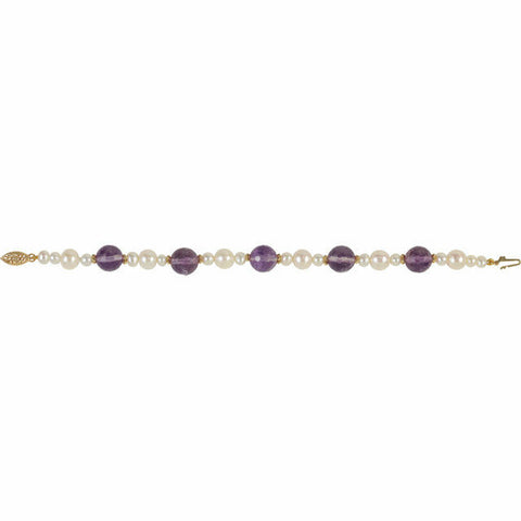 Image of Freshwater Cultured Pearl & Amethyst Bracelet 14k Yellow Gold 7.5" Inch