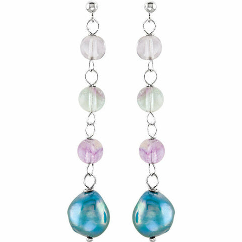 Image of Freshwater Cultured Dyed Blue Pearl & Natural Crystal Bead Dangle Earrings SS