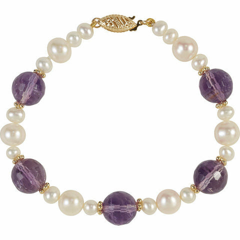 Image of Freshwater Cultured Pearl & Amethyst Bracelet 14k Yellow Gold 7.5" Inch