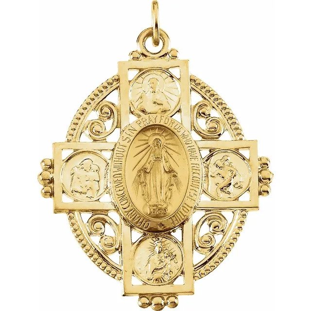 Discover the Elegance and Faith of the 14kt Yellow Gold Miraculous Mary Oval Filigree Medal Religious Pendant