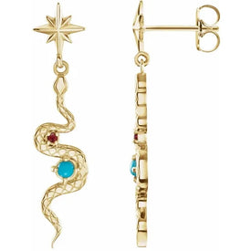 Elegant Snake Earrings 14K Yellow Gold with Natural Turquoise and Natural Ruby