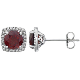 New Pair Sterling Silver and 6mm Garnet with .015 cttw Diamond Accent Earrings