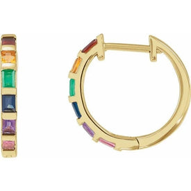 14K Yellow Gold Rainbow Hoop Earrings set with Straight Baguette MultiGemstones