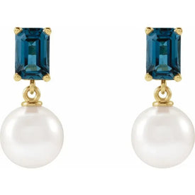 14K Gold Cultured White Akoya Pearl & London Blue Topaz Emerald Shape Earrings