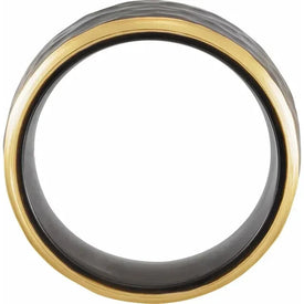 Size 9.5 Hammer Finish 18K Yellow Gold PVD Black Titanium 8 mm Flat Fashion Band