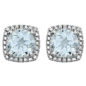 Sterling Silver 6mm AQUAMARINE & .015 ct tw Diamond Earrings Birthstone Jewelry