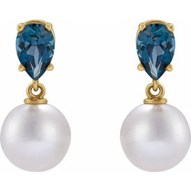 14K Yellow Gold Cultured White Akoya Pearl & Natural London Blue Topaz Earrings