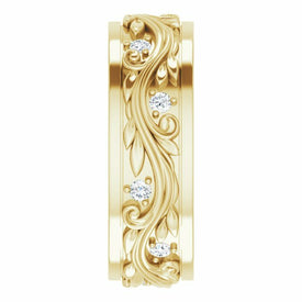 SIZE 7  14kt Yellow Gold 1/6 CTW Diamond and Floral Wedding Band 7mm Wide