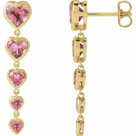 Pair Natural Pink Tourmaline Heart Dangle Earrings 14K Yellow Gold 31.7x7 mm New