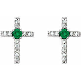 14K White Gold 2 mm Natural Emerald & .05 CTW Natural Diamond Cross Earrings