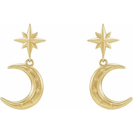 Pair 14K Yellow Gold Crescent Moon and Star Dangle Earrings Fine Jewelry New