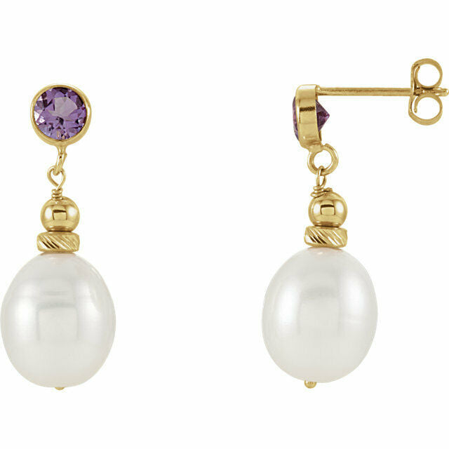 Freshwater Pearl and Genuine Amethyst Dangle Earrings 14kt Yellow Gold