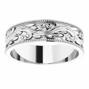 SIZE 11 - 6mm Sculptural-Inspired 14k White Gold Milgrain Bridal Wedding Band