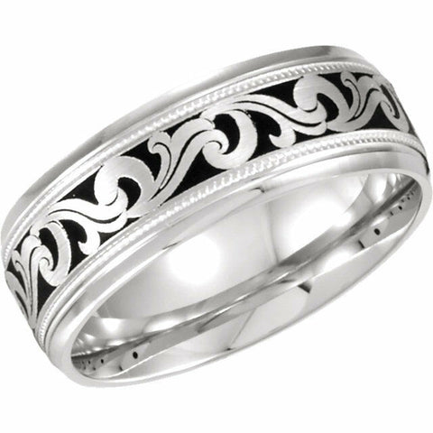 Image of SIZE 8 - Comfort Fit 14k White Gold and Enamel Swirl Wedding Band 7.0mm Wide