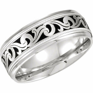 SIZE 8 - Comfort Fit 14k White Gold and Enamel Swirl Wedding Band 7.0mm Wide