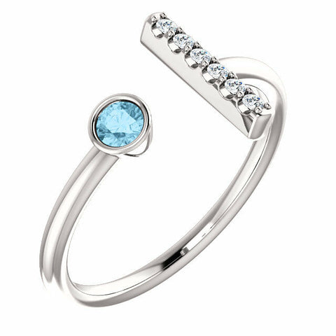 Image of 14k White Gold Genuine Aquamarine and .06 ctw Diamond Bar Fashion Ring Size 7