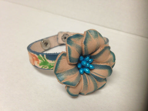 Image of Handmade Blue Flower Leather Bracelet with Two Snap Closure Unique Gift Idea