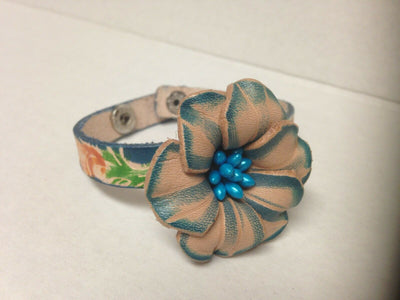 Handmade Blue Flower Leather Bracelet with Two Snap Closure Unique Gift Idea