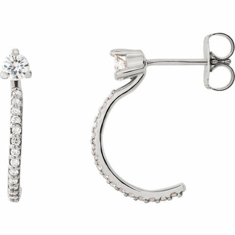 Image of 14K White Gold Round Forever One Moissanite and 1/6 ctw Diamond Earrings J Hoop