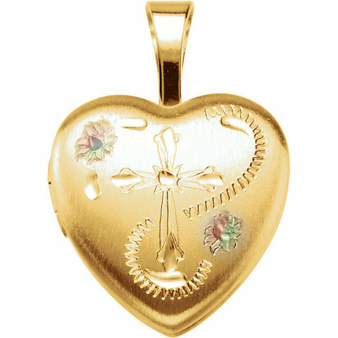 Image of Cross and Flowers Heart Locket Gold Plated over Sterling Silver 12 x 12.5mm New