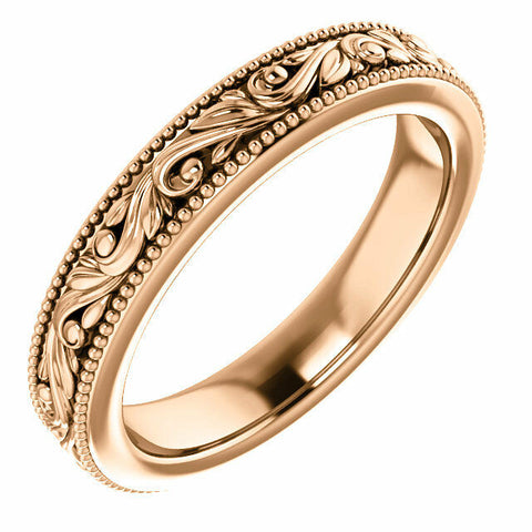 Image of SIZE 4 - 14k Rose Gold Design Engraved Wedding Band 3.2mm Wide Scroll Ring