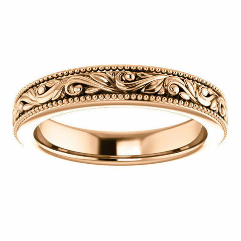 Image of SIZE 6 - 14k Rose Gold Design Engraved Wedding Band 3.2mm Wide Scroll Ring