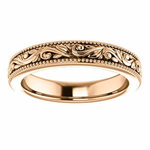 SIZE 6 - 14k Rose Gold Design Engraved Wedding Band 3.2mm Wide Scroll Ring