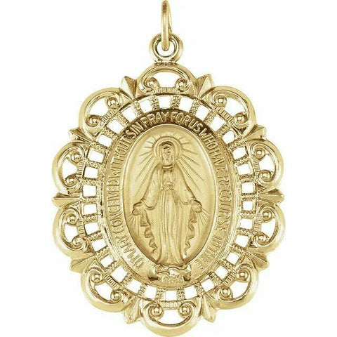 Image of 32x23mm 14kt Yellow Gold Miraculous Mary Pendant Oval Filigree Religious Medal