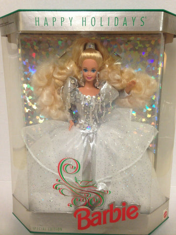 Image of 1992 Happy Holidays Barbie Doll Blonde Hair Silver Dress Mattel #1429 NRFB