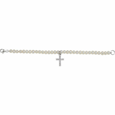 Image of 5.5" Sterling Silver Freshwater Cultured Pearl & Cubic Zirconia Cross Bracelet