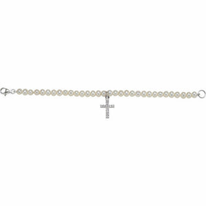 5.5" Sterling Silver Freshwater Cultured Pearl & Cubic Zirconia Cross Bracelet