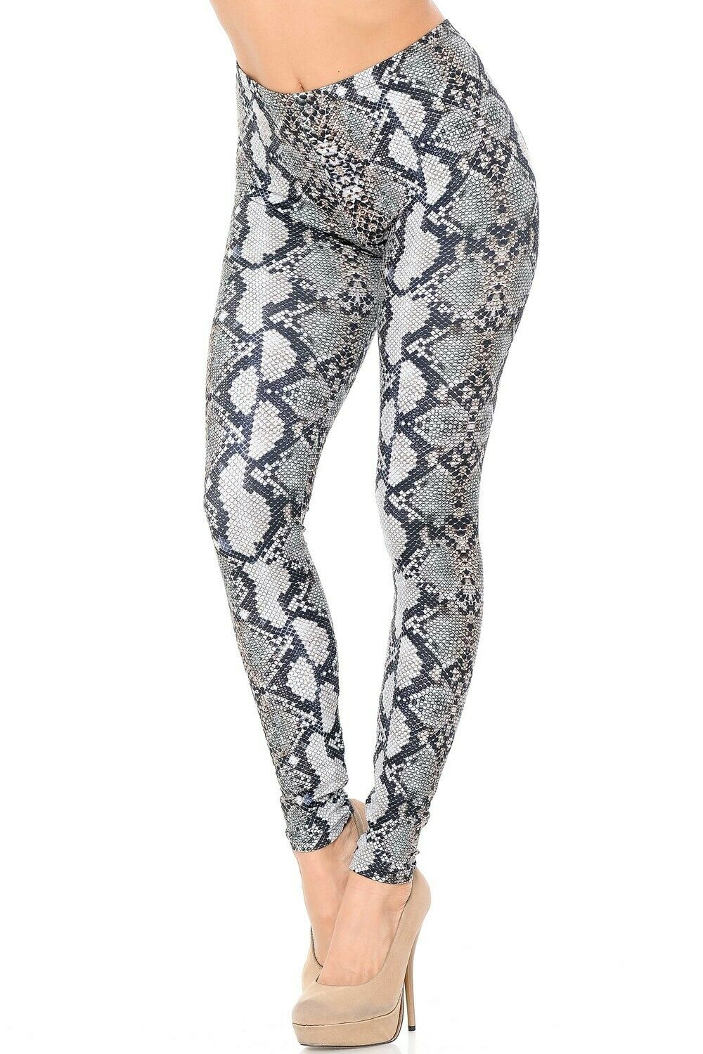 Plus Size Womens Leggings Double Brushed Light Grey Python Snakeskin Style
