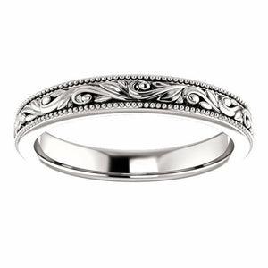 SIZE 4 - Engraved Scroll Design 14k White Gold Wedding Band 3.5mm Wide