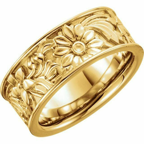 Image of SIZE 6 - 8.25mm Wide 10kt Yellow Gold Floral Design Wedding Band or Fashion Ring