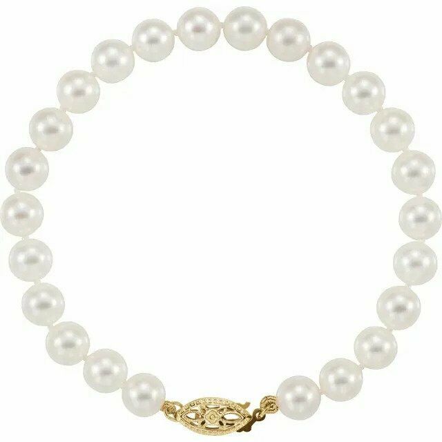 Akoya Cultured Pearl 7" Bracelet 14K Yellow Gold 6-6.5mm Filigree Hook Closure