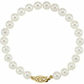 Akoya Cultured Pearl 7" Bracelet 14K Yellow Gold 6-6.5mm Filigree Hook Closure