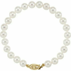 Akoya Cultured Pearl 7" Bracelet 14K Yellow Gold 6-6.5mm Filigree Hook Closure