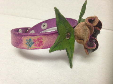 Image of Handmade Purple Flower Leather Bracelet with Two Snap Closure Unique Gift Idea