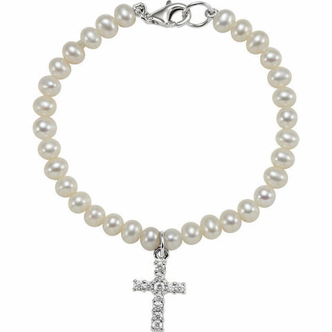 Image of 5.5" Sterling Silver Freshwater Cultured Pearl & Cubic Zirconia Cross Bracelet