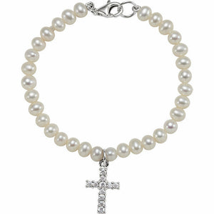 5.5" Sterling Silver Freshwater Cultured Pearl & Cubic Zirconia Cross Bracelet