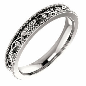 SIZE 5 - 14K White Gold Floral Inspired Wedding Band 3.5mm Wide Solid Gold Ring