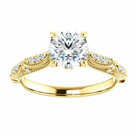 Image of 14K Yellow Gold Round Forever One Moissanite & 1/10 CTW Diamond Engagement Ring