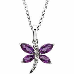 Dragonfly Necklace 14K White Gold Amethyst and .02 CTW Diamond with 18" chain