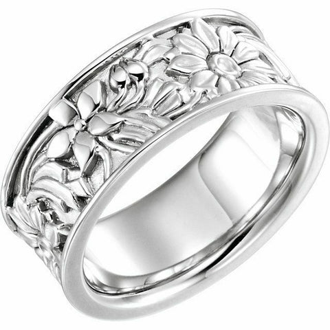 Image of SIZE 6 - 8.25mm Wide - 14k White Gold Floral Design Wedding Band or Fashion Band