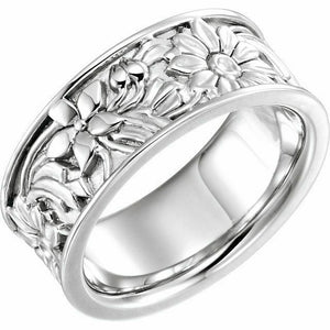 SIZE 6 - 8.25mm Wide - 14k White Gold Floral Design Wedding Band or Fashion Band